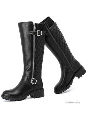 Women's Knee High Boots Faux Leather Moto Buckle Riding Boot